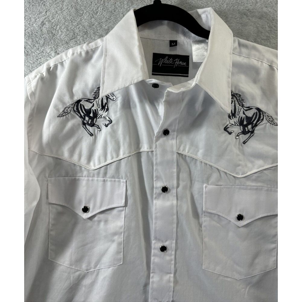White Horse Men Medium Western Shirt Cowboy Cut‎ Horse Embroidery Rockabilly - Picture 5 of 13